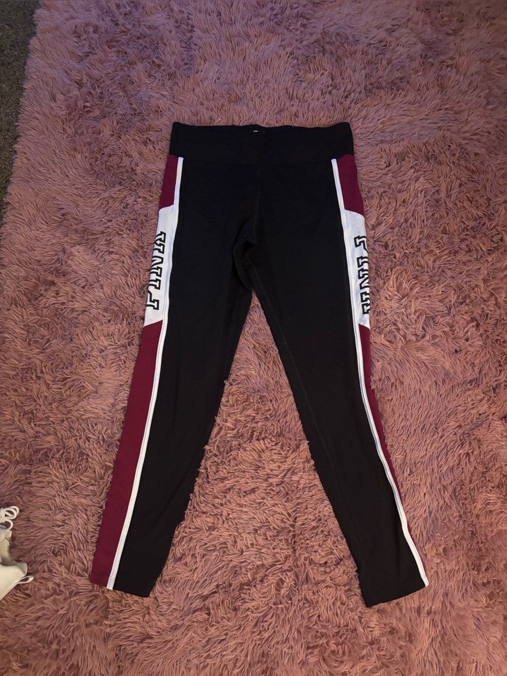 PINK Victoria's Secret Black and Maroon Athletic Leggings with White Panels